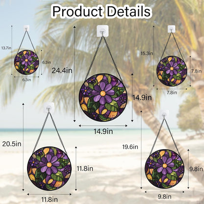 Stained Glass Window Hanging, Purple Green Flowers Sun Catcher for Door Home Decor Plants Suncatcher Christmas Mother's Day Birthday Gifts for Women Men Mom and Nana 6.3 in