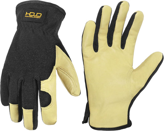 HANDLANDY Men Leather Gardening Gloves, Utility Work Gloves for Mechanics, Construction, Driver