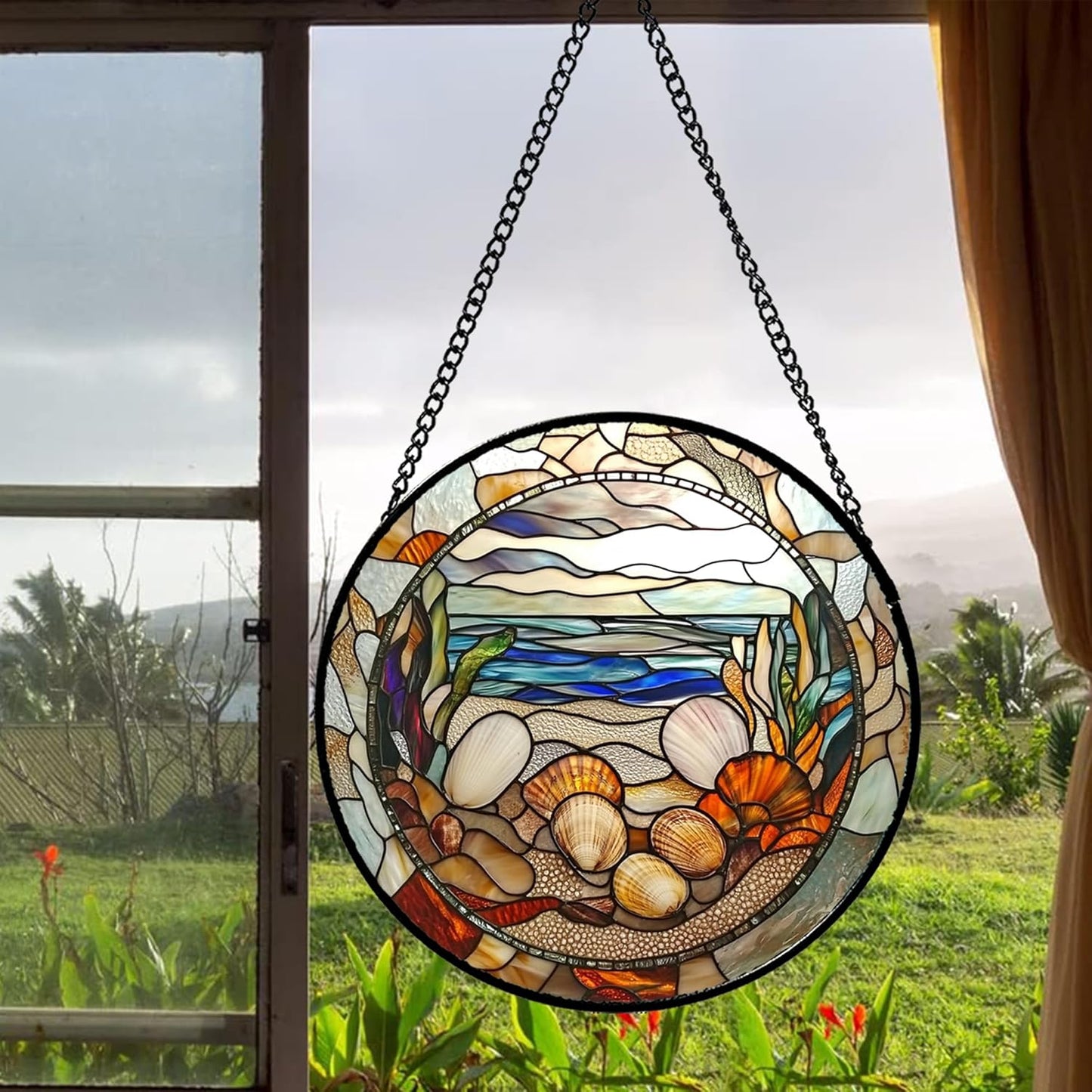 Stained Glass Window Hanging Conch Shells Ocean Seaweed Large 15" - Suncatcher Door Garden Sunroom Sun Catcher Home Decor Housewarming Birthday for Mom Grandma Men Woman