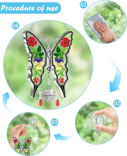KY&BOSAM Gifts for Mom Suncatcher Butterfly I Love You Mom Stained Glass Sun Catcher Hanging Wind Chime Ornament for Window Pressed Flowers Between Wings with Heart Charm Gift for Women Mother`s Day