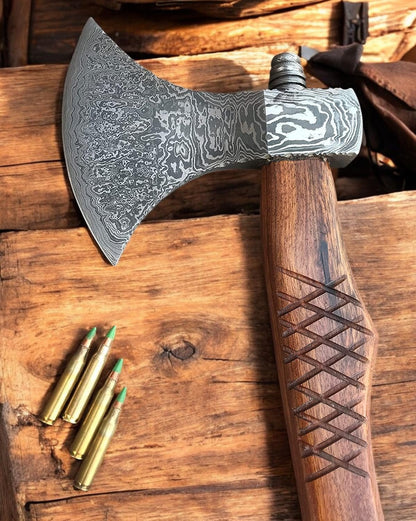 AX-7000 Custom Gift Forged Damascus Steel Vintage Axe with Rose Wood Shaft, Viking Bearded Camping Axe (AX-7000) (AX-8194)