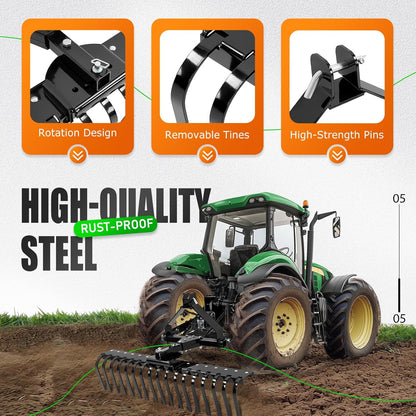 KUAFU 50" 3 Point Landscape Rake for Category-0 Cat-0 Tractor with 360 Degree Rotation, Replaceable Spring Tines and Pin Hith, Rock Attach Rake Tow Behind Dethatcher for Lawn, Garden, Farm, Grass