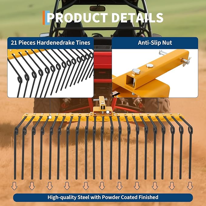 60 Inch Durable Pine Straw Rake Powder Coated Steel Landscape Rake Fits 2" Receiver for Lawn Tractors or ATV/UTV, Orange