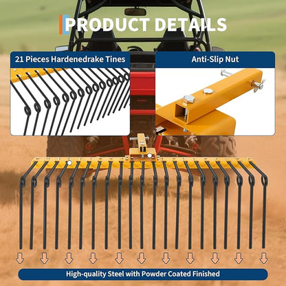 60 Inch Durable Pine Straw Rake Powder Coated Steel Landscape Rake Fits 2" Receiver for Lawn Tractors or ATV/UTV, Orange