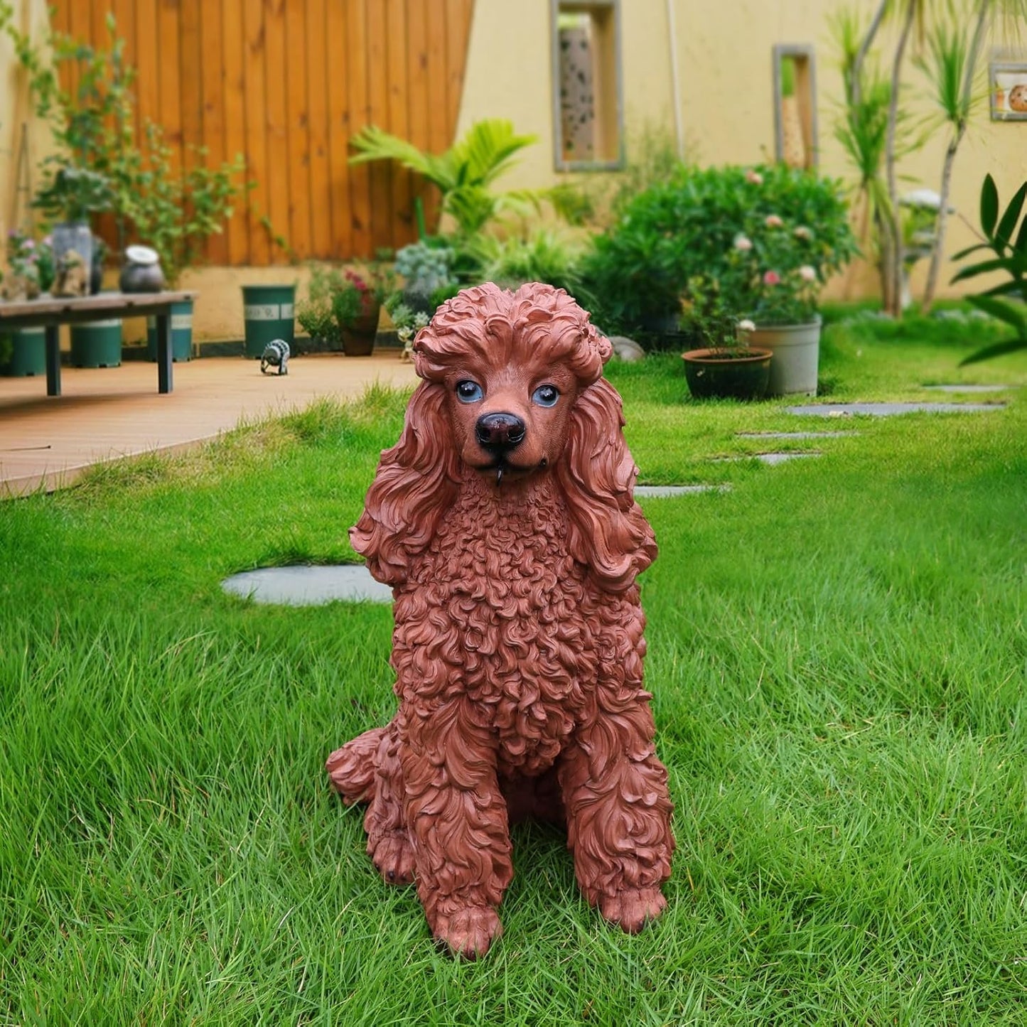 Poodle Outdoor Garden Statue with Double-Sided “Welcome/ON Patrol” Hanging Sign and Solar Lantern, Brown Sitting Dog for Porch, Path & Yard Décor
