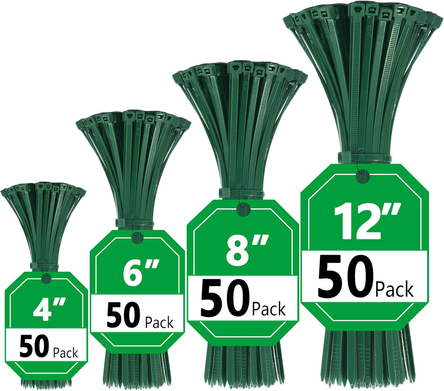 Green Zip Ties, Zip Ties Assorted Sizes 4/6/8/12 inch, 200 Pack, 18-50 lb Tensile Strength, Zipties, Green Cable Ties for Christmas, Garden, Plants, Floral Arrangements by Glufirm