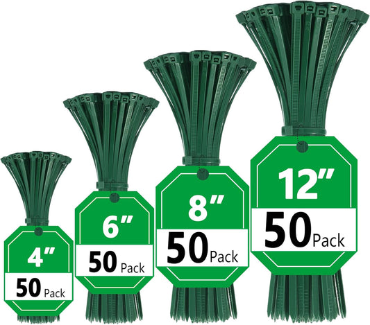Green Zip Ties, Zip Ties Assorted Sizes 4/6/8/12 inch, 200 Pack, 18-50 lb Tensile Strength