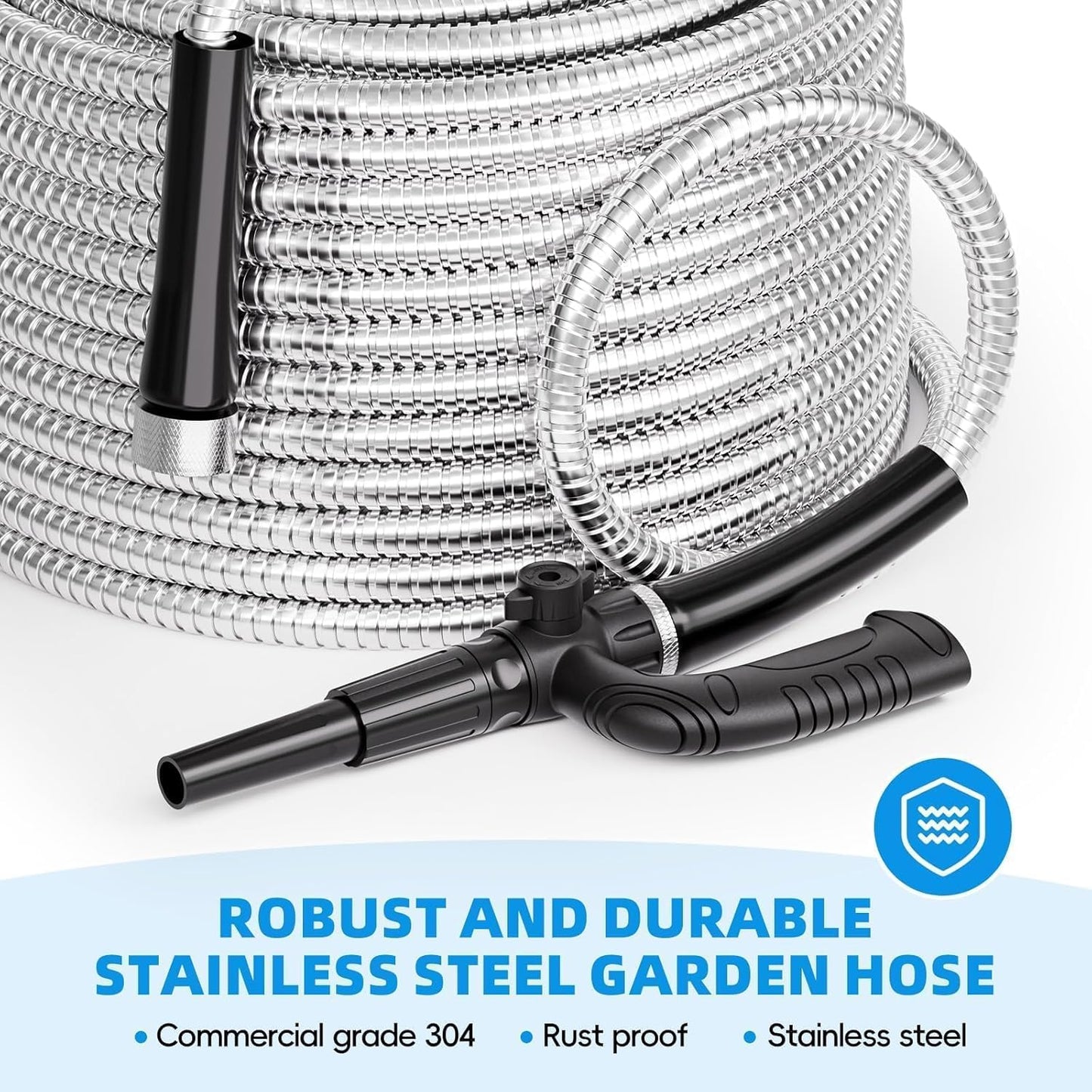 SPECILITE Metal Garden Hose 50ft Heavy Duty 304 Stainless Steel Water Pipe for Yard, Outdoor, RV - Durable, Tough & Flexible, Kink & Tangle Free, Pet-proof, Puncture Resistant with Independent Grip
