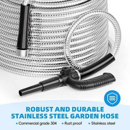 SPECILITE Metal Garden Hose 50ft Heavy Duty 304 Stainless Steel Water Pipe for Yard, Outdoor, RV - Durable, Tough & Flexible, Kink & Tangle Free, Pet-proof, Puncture Resistant with Independent Grip