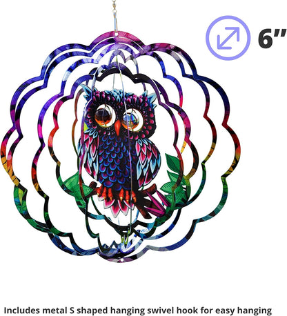 VP Home Mystical Owl Kinetic Wind Spinner for Yard and Garden - 12" W x 12" H Metal Spinner Outdoor Large Hanging Plantary Decor - 3D Garden Art Wind Sculpture Spinners Kinetic Art Garden Decoration