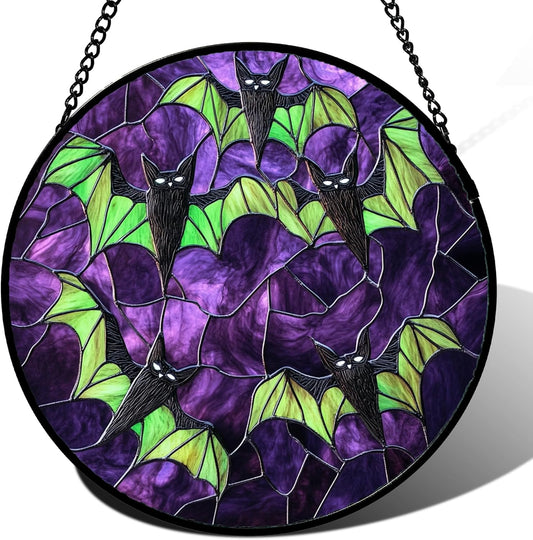 Stained Glass Window Hanging - Halloween Decorations Black Bat with Green Wings Suncatcher for