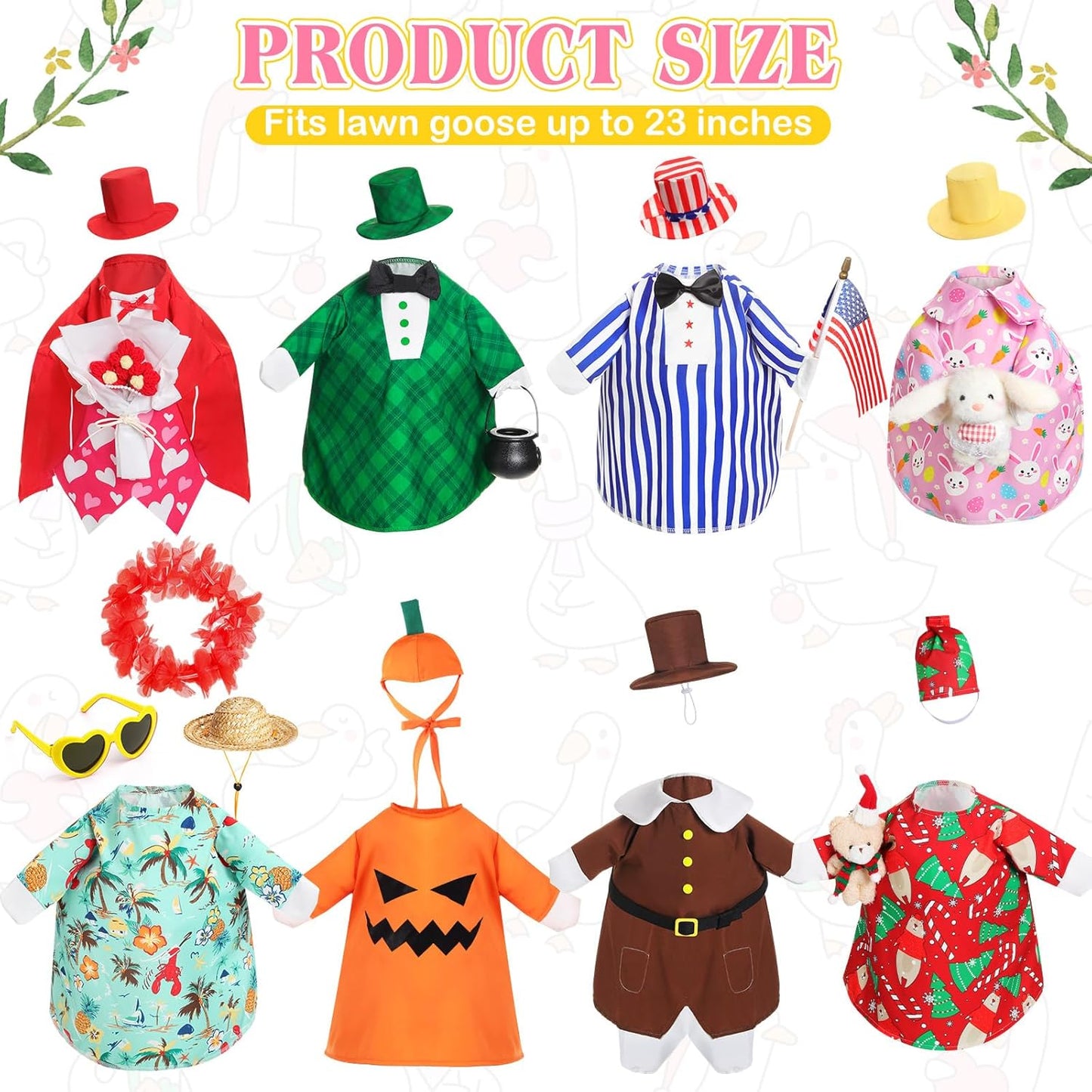 8 Set Seasonal Holiday Goose Outfits Fall Halloween Christmas Summer All Seasons Lawn Porch Goose Clothes Costume for 23" Cement Statue Garden Patio Outdoor Decoration(Boy Style)