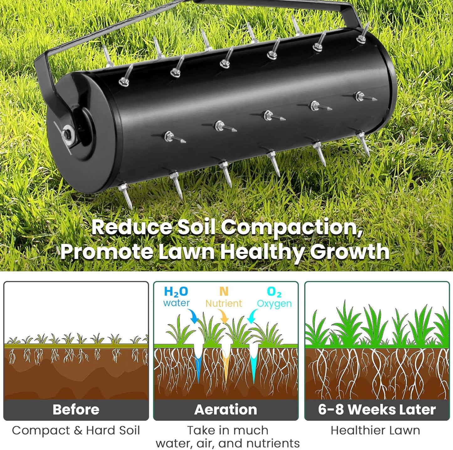 Goplus Rolling Lawn Aerator, 21-Inch Garden Yard Rotary Push Tine Filled Sand Stone, Heavy Duty Spike Soil Aeration w/Metal Handle, Fillable Drum 51" Manual Lawn Aeration Tool Garden Grass Patio Yard