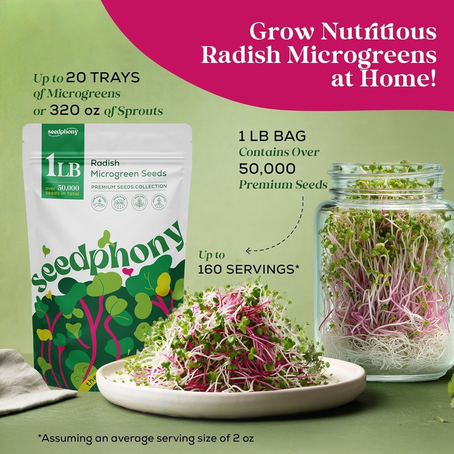 Radish Sprouting & Microgreens Seeds - 50,000 Non-GMO Heirloom Seed, 1lb Resealable Bag - High-Germination Radish Seeds for Sprouting in Jars, Soil, Hydroponics & Microgreen Trays