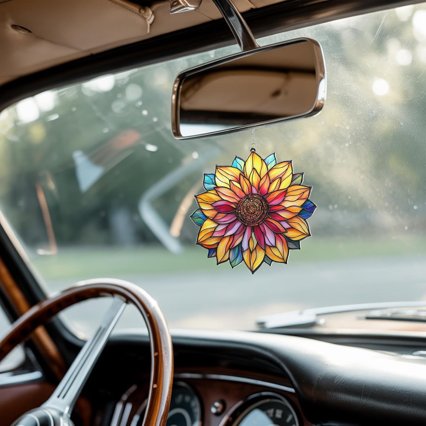 Mandala Sunflower Acrylic Suncatcher Stained Glass Effect Window Car Hanging Christmas Ornament Indoor Outdoor Decor Garden Sun Catcher Panel for Sunflower Lover for Women Mom Grandma