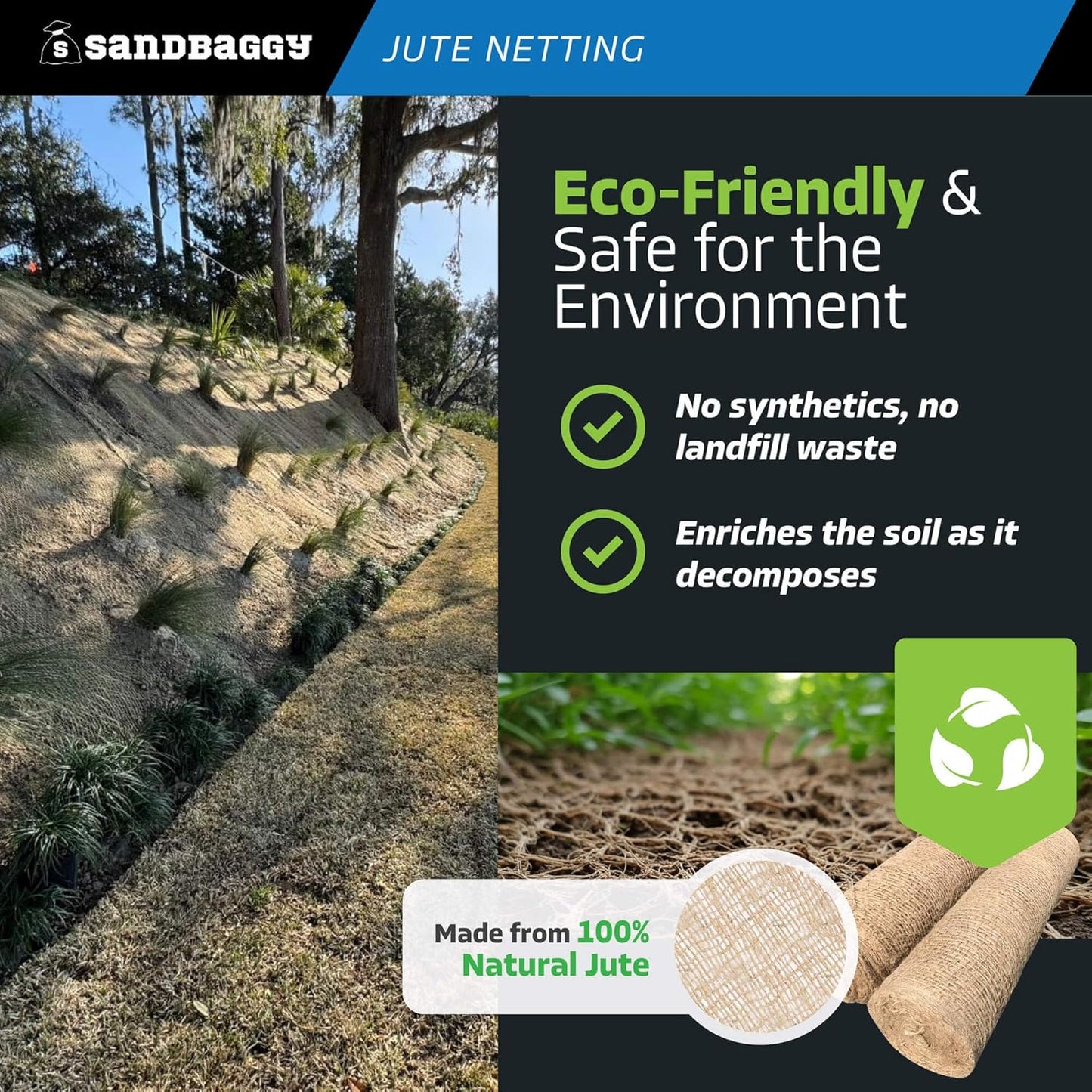 Sandbaggy Jute Netting Roll, 8 ft x 112ft - Biodegradable Erosion Control Blanket for Slopes, Hills & Drainage, Eco-Friendly, Durable Soil Stabilizer, Contractor-Approved for Landscaping (10 Rolls)