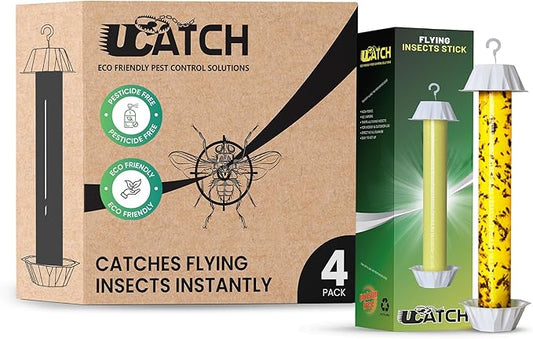 Sticky Fly Trap Indoor & Outdoor | Hanging Fly Stick for Gnats, Flies, Wasps, Mosquitoes & Other Flying Bugs | Sticky Bug Traps | Home Pest Control | Flying Insect Trap Rolls - 4-Pack | Ucatch