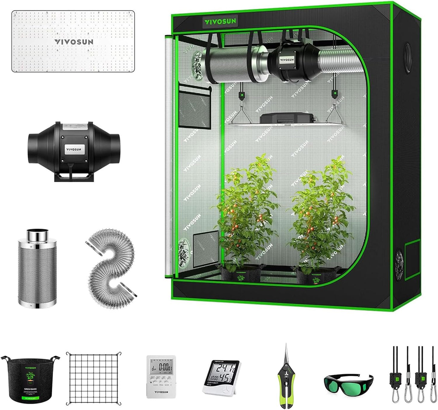 VIVOSUN GIY 4x2 Grow Tent Complete System, 4x2 ft. Grow Tent Kit Complete with 4 Inch Inline Fan Package, VS2000 LED Grow Light, Temperature Humidity Monitor, Netting, Grow Bags, Pruning Shear & Timer