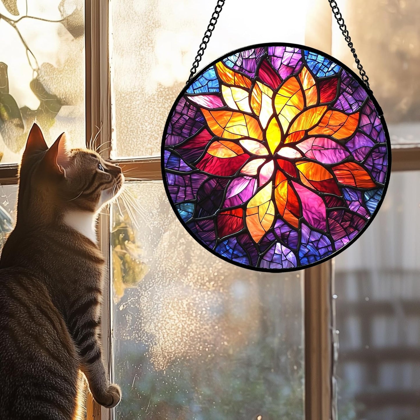 Stained Glass Window Hanging, Fuchsia Abstract Flowers Suncatcher for Window Home Decor Orange Sun Catcher Mother's Day Birthday Gifts for Women Men Mom Nana 6.3 in