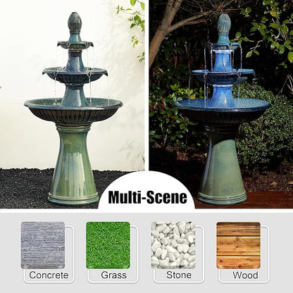 Glitzhome Water Fountain Outdoor Floor-Stand Fountain with LED Light & Pump, Oversized 3 Tier Ceramic Turquoise Waterfall Patio Fountains and Waterfalls Outdoor Yard Fountains for Lawn Garden Backyard