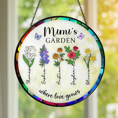 NAZENTI Personalized Mimi's Garden Stained Glass Suncatcher with Birth Month Flowers, Custom Grandma's Garden Window Hanging Ornament, Mothers Day Grandma Mom Gifts, Gifts for Nana Mimi