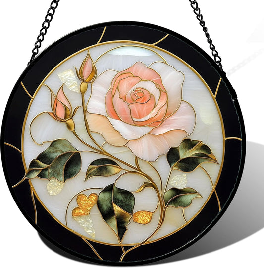 Stained Glass Window Hanging - Black White Pink Rose Sun Catcher for Door Home Decor Flower