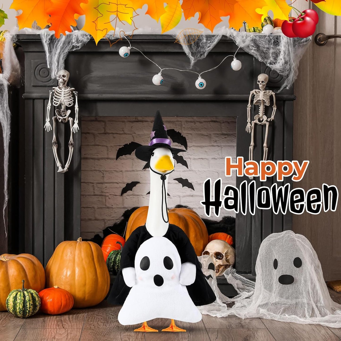 Sanwuta 1 Set Halloween Porch Goose Outfit Ghost Pillow Design with Witch Hat for 23" Lawn Cement Goose Porch Geese Clothes Costume for Halloween Garden Patio Yard Outdoor Decorations