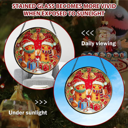 Christmas Decorations Stained Glass Window Hanging, Gingerbread Candy Cane Christmas Suncatcher for Window Hanging, Suncatchers Indoor Windows Wall Art for Mom Grandma, for Home Office 7.87 inches