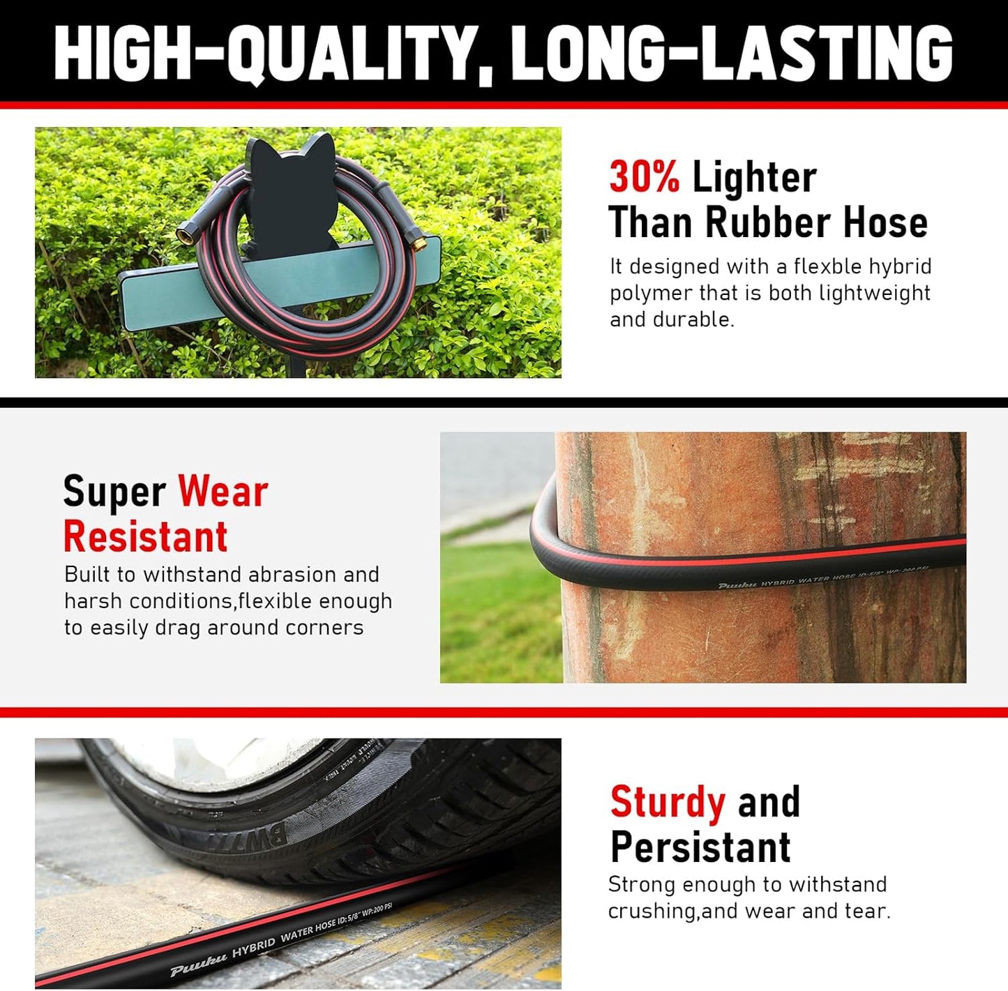 Garden Hose 75ft x 5/8", NON-EXPANDABLE Heavy Duty Premium Flexible Water Hose, No Kink, Leakproof, Lightweight Hybrid Hose with Male to Female Fittings for Household&Backyard