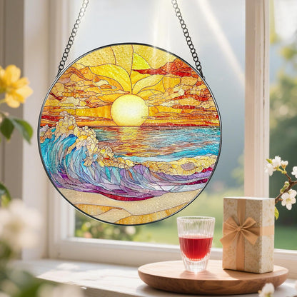 8-Inch Stained Glass Ornament, Stained Glass Window Hanging, Window Hanging Decor Suncatcher, Sunset on The Beach Ornament | Beach Gift, Gifts for Sunset Lovers, Friend, Family & Colleague