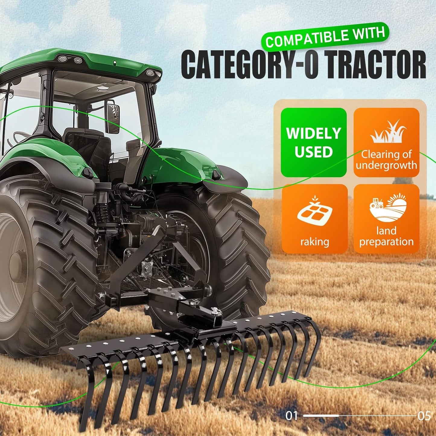 KUAFU 50" 3 Point Landscape Rake for Category-0 Cat-0 Tractor with 360 Degree Rotation, Replaceable Spring Tines and Pin Hith, Rock Attach Rake Tow Behind Dethatcher for Lawn, Garden, Farm, Grass