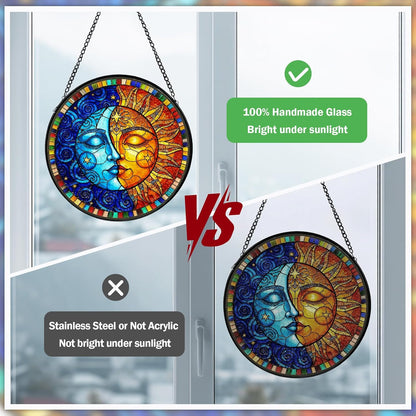 Sun and Moon Stained Glass Window Hanging, Suncatcher for Window Hanging, Moon Sun Catchers Indoor Windows Wall Art for Mom Grandma, Christmas Thanksgiving Gift, for Home Garden Office 7.87 inches