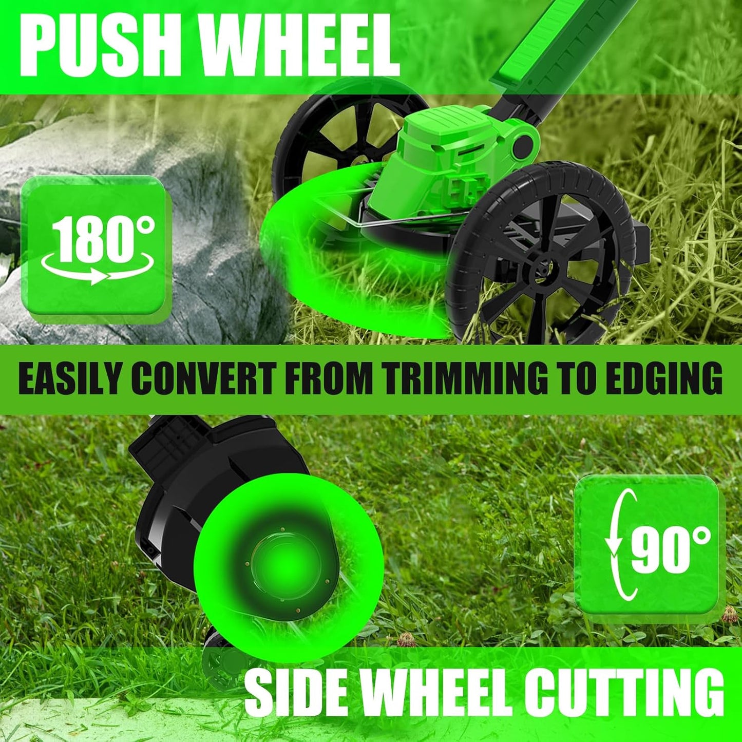 Electric Cordless Weed Wacker Eater Battery Powered Weed Trimmer with 2 21V/2.0Ah Battery Operated & Wheels & Charger & 5 Types Blades, No-String Brush Cutter/Grass Trimmer/Lawn Edger for Garden Yard