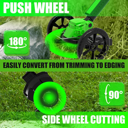 Electric Cordless Weed Wacker Eater Battery Powered Weed Trimmer with 2 21V/2.0Ah Battery Operated & Wheels & Charger & 5 Types Blades, No-String Brush Cutter/Grass Trimmer/Lawn Edger for Garden Yard