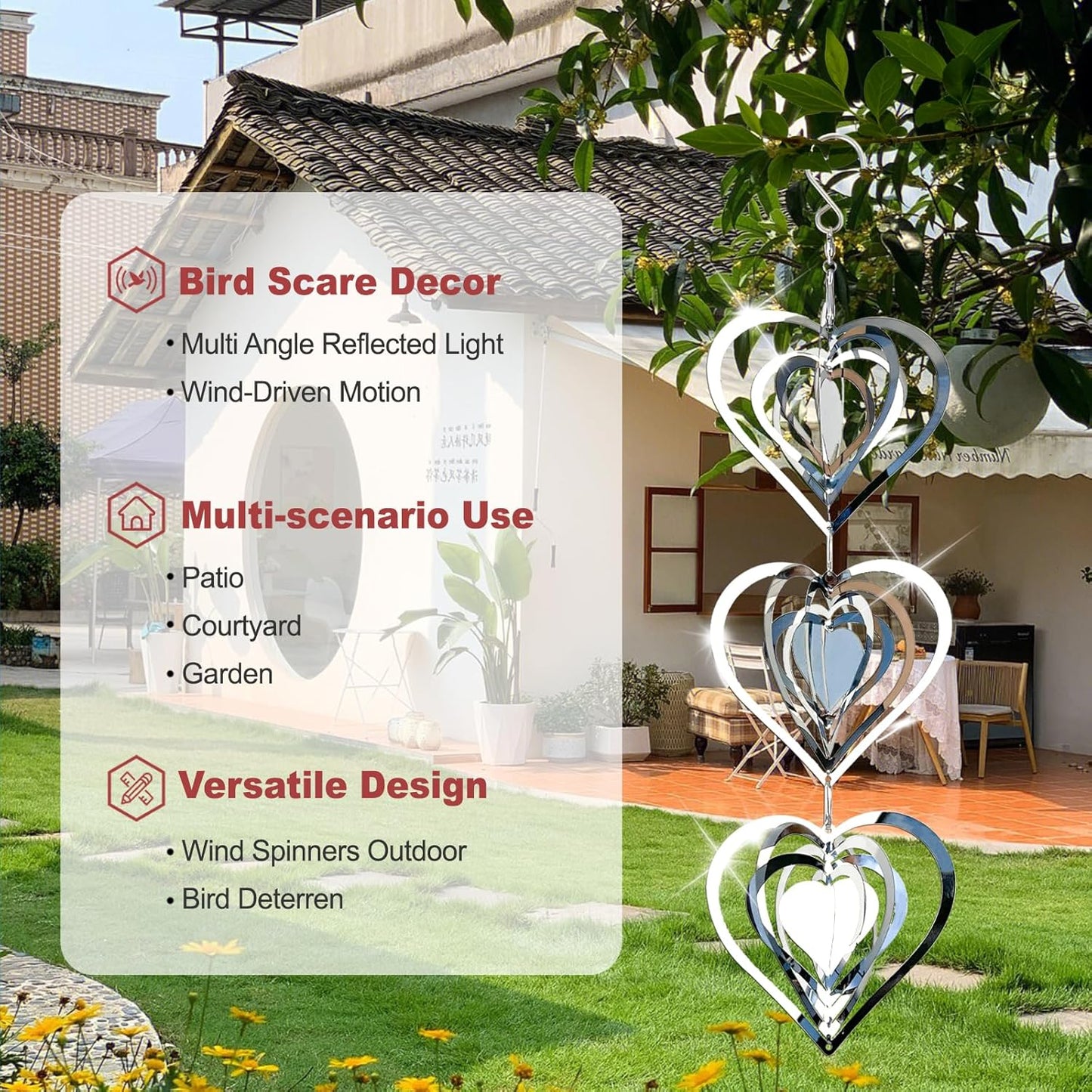 DELAVIDA Stainless Steel Bird Scare Devices, 3D Wind Spinners Outdoor, 9 Discs Set, Reflective Decor to Keep Swallow Pigeon Sparrow Away from House Patio Garden (Heart)