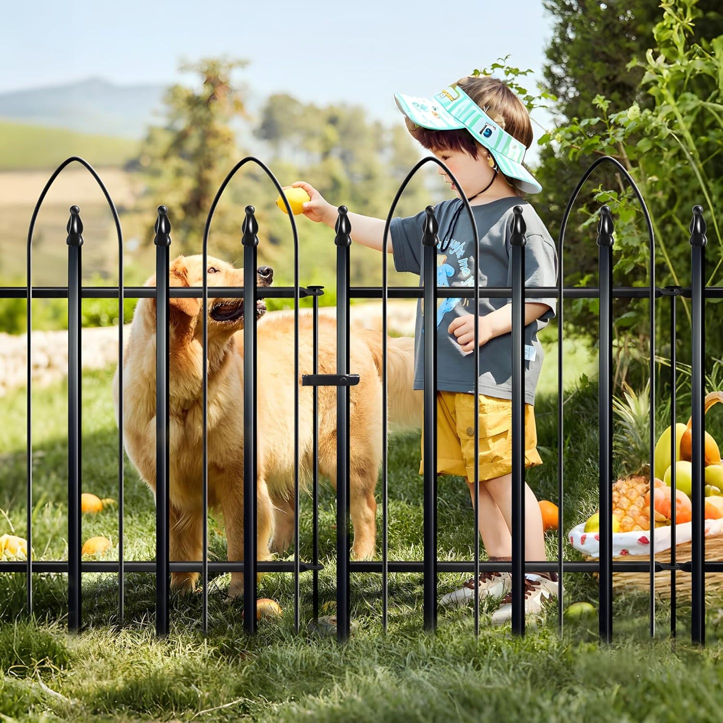 Garden Fence 32 inch H x 24 inch W, 5 Panels (4 Panels+1 Gate,Total 10 feet) Metal Decorative Border Folding Fence, Landscape Fencing for Dog Flower Bed, Yard, Animal Barrier