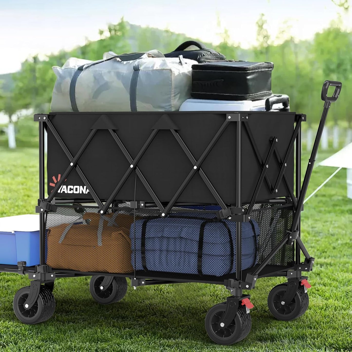 400L Large Double Decker Wagon Collapsible, 450lbs Beach Wagons Carts Foldable Heavy Duty, 54" Extended Utility Folding Cart for Camping, Garden, Sports, Grocery, Shopping