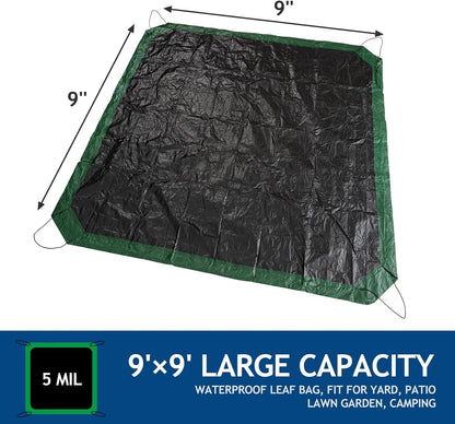 Leaf Tarp 9x9 Ft, Lawn Garden Leaf Tarp with 4 Drawstrings, Reusable Waterproof Poly Tarp Yard Waste Bags, All Purpose Protective Cover for Bikes, Furniture Cover, Tent Footprint