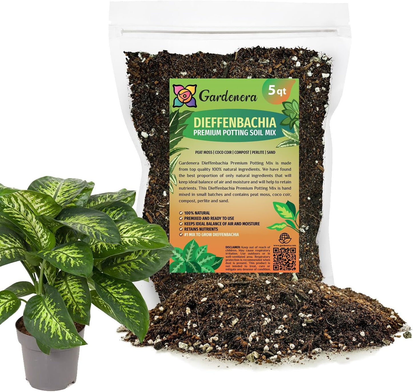 Gardenera Premium DIEFFENBACHIA Potting Soil Mix - Ideal for Growing Robust and Healthy Dieffenbachia - 5 Quart