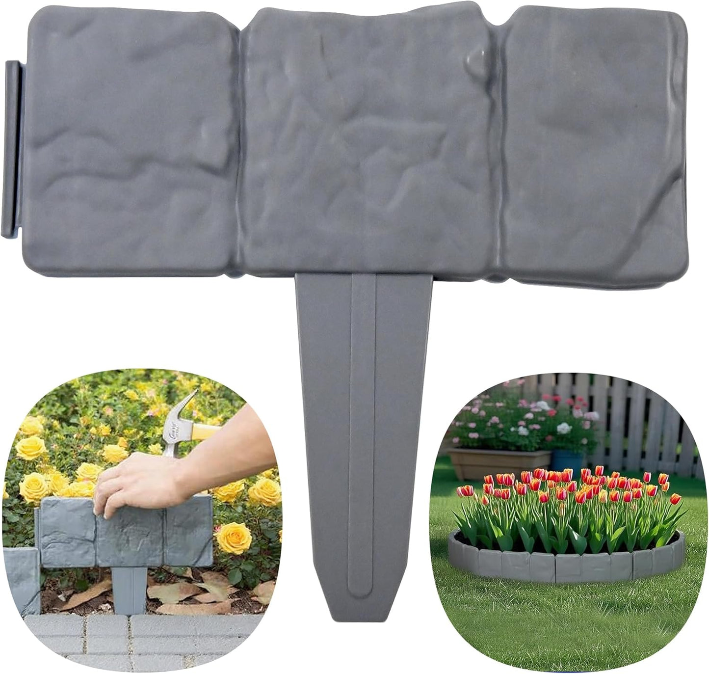 VYNTRA 20Pcs Landscape Garden Edging Border No-Dig 9 Inch Tall Flower Bed Border 16FT Length Plastic Stone-Like Textured for Fence Decorative Lawn Plastic Fencing Flexible for Patio Yard Pathway Grey