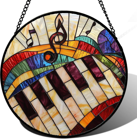 Stained Glass Window Hanging, Piano Notes Sun Catchers Glass Panel Suncatcher Decor for Birthday