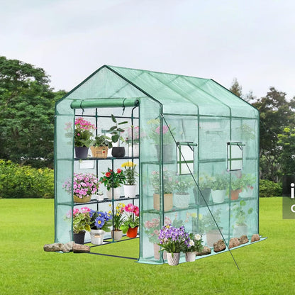Greenhouse, 57 x 85 x 77'' Greenhouses for Outdoors, with Mesh Side Windows, PE Cover, 8 Shelves, Heavy Duty Walk in Green House for Backyard Garden Indoor, White& Green Outside