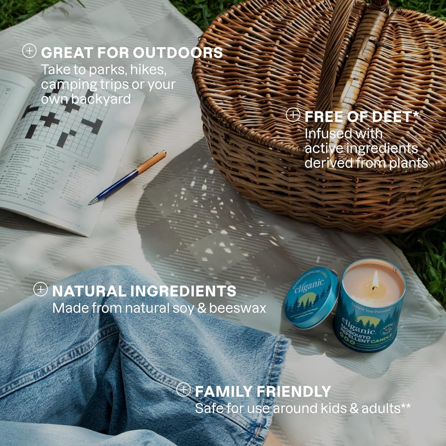 Cliganic Natural Mosquito Repellent Candle (Large 16oz) | Citronella, DEET Free, Essential Oil Infused for Outdoor, Camping | Burns 55 Hours