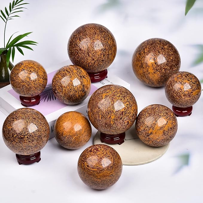 JIC Gem Natural Crystal Sphere Ball with Wooden Stand for Fengshui Golden Jade Healing Crystal Ball Decoation Meditation Energy Reiki Ball (110-120mm)
