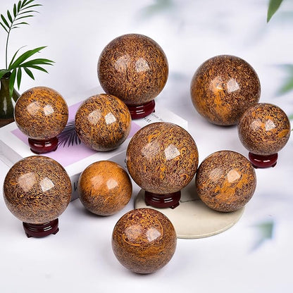 JIC Gem Natural Crystal Sphere Ball with Wooden Stand for Fengshui Golden Jade Healing Crystal Ball Decoation Meditation Energy Reiki Ball (110-120mm)