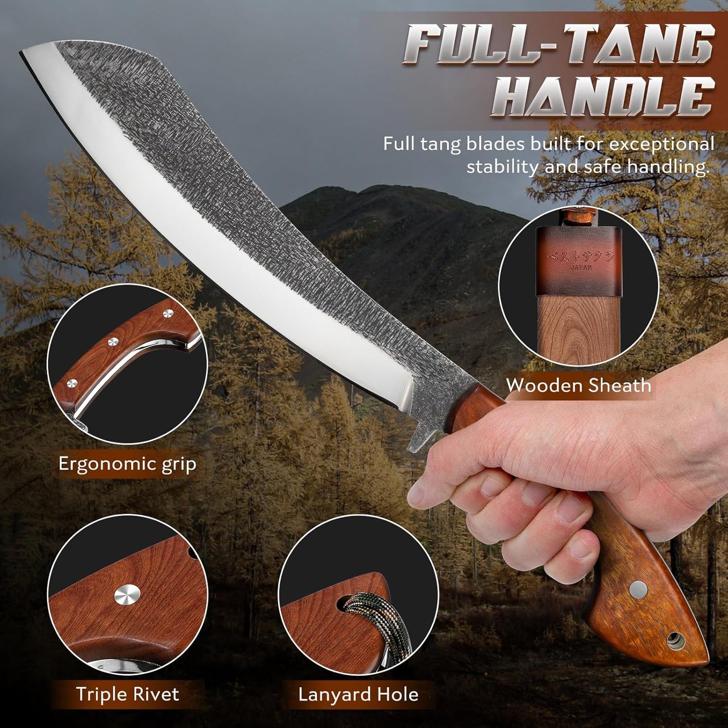 Golden Bird Parang Machete Knife - 9.5 Inch Heavy Duty Machete for Cutting Trees, Gardening, Bushcraft, Survival, Outdoor Hunting and Camping - Full Tang with Wooden Sheath - Yard Work Tool