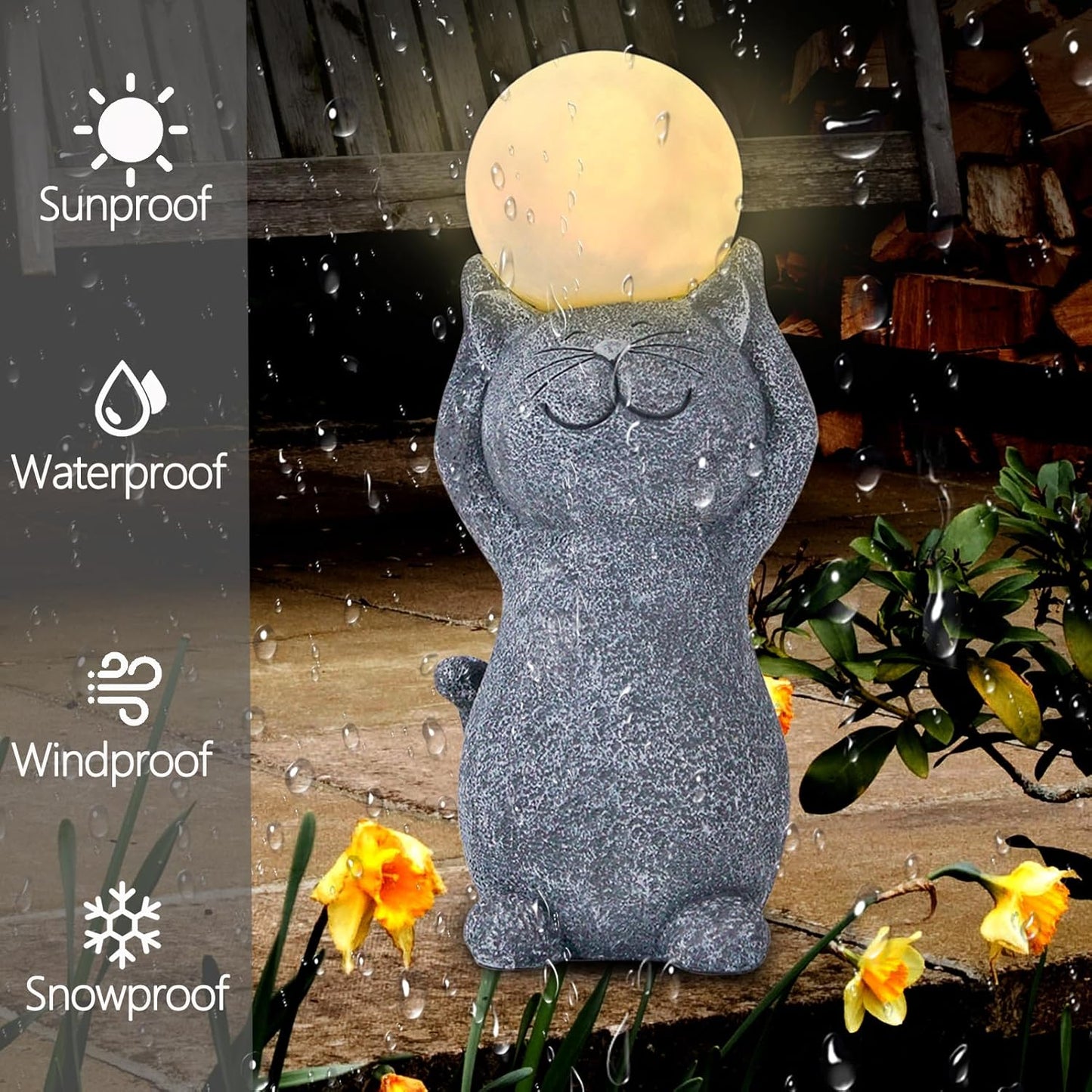 Solar Garden Decor Cat Moon Outdoor Statue and Figurine Lights, Outdoor Patio Sculpture Decor LED Light Gifts for Mom or Daughter, Garden Statues Birthday Gifts for Women Home and Yard with Solar Lamp