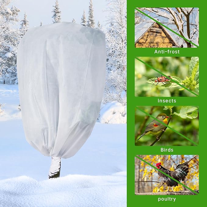 2-Pack Plant Covers Freeze Protection 42" x 45" 2.2 oz, Frost Cloth Plants Jacket Drawstring Tree Cover for Outdoor Plants, Shrub Potted Plants Winter