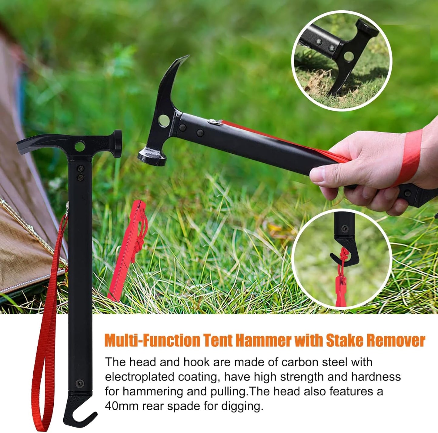 Eurmax USA Hiking Camping Tent Stakes and Hammer Set Lightweight Multi-Function Tent Hammer with Tent Stake Remover,Tent Pegs for Camping, Hiking, Backpacking, Gardening(Red Stakes)