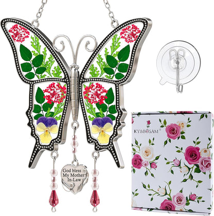KY&BOSAM Gifts for Mom God Bless Mother in-Law Butterfly Suncatcher with Pressed Flower Wings and Heart Charm Butterfly Suncatcher for Window Wind Chime Mom Gifts - Mother`s Day